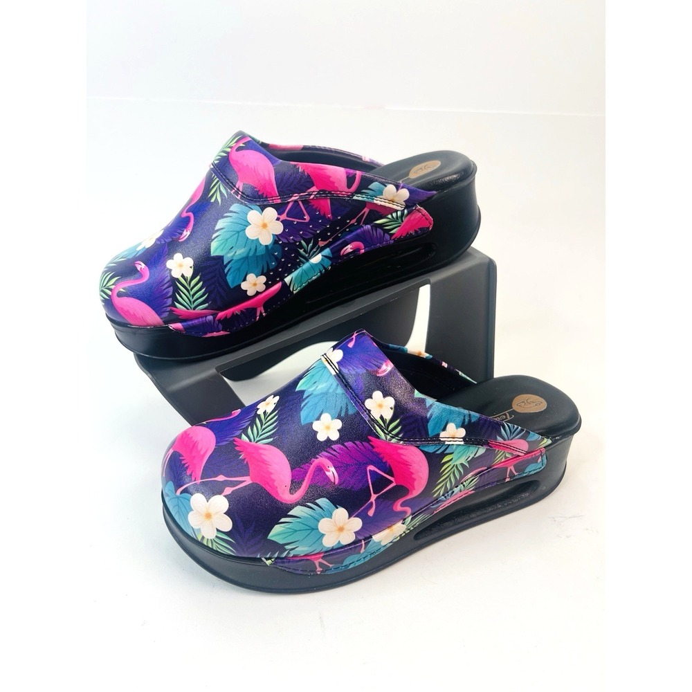 TERLIK SABO Handmade Leather Women's Clogs Mules Slippers Floral Flamingos 8-8.5